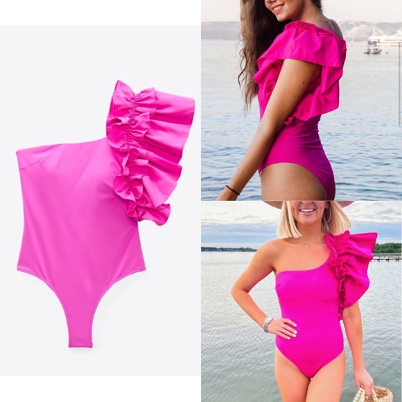 Zara Other - Zara NWOT one shoulder voluminous ruffle one piece swimsuit -hot pink fuchsia